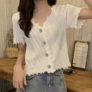 Áo Croptop Dệt Kim Mỏng Xếp Ly Lưng Cao Hở Rốn Thời Trang Cho Nữ