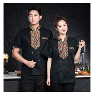 Unisex Đầu Bếp Đồng Nhất Phong Cách Bohemian Nấu Quần Áo Làm Việc Áo Sơ Mi Tay Ngắn Nhà Bếp Khách Sạn Cafe Hai Hai Lông Đầu Bếp Áo Cao Cấp