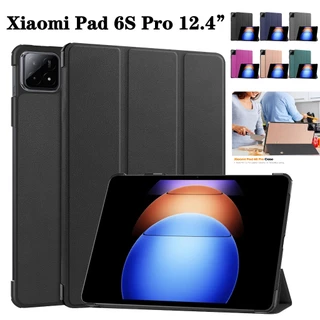 Dành Cho Xiaomi Pad 6S Pro 12.4 Inch 2024 MiPad 6 Spro Vỏ Bảo Vệ Máy Tính Bảng Thời Trang Ba Gấp Màu Trơn Flip Stand Vỏ Da PU Chống Sốc Bảo Vệ Toàn Diện Vỏ Phù Hợp