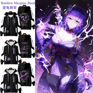 Anime mới Genshin Impact Raiden Shogun Baal Dây kéo Áo Hoodie thời trang nam Nhật Bản dáng rộng dành cho nữ ❥ ❈ In Unisex có mũ trùm đầu hàng đầu Cosplay