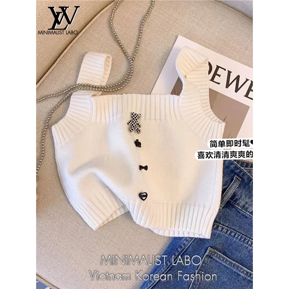 Áo Vest Dệt Kim Gấu Ba Chiều Phong Cách Ngắn Nữ Mùa Hè Phong Cách Mới Ngọt Cay Nhỏ Camisole Top Bên Ngoài Mặc Áo Sơ Mi Nhỏ Không Tay