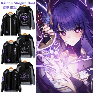 Anime mới Genshin Impact Raiden Shogun Baal Dây kéo Áo Hoodie thời trang nam Nhật Bản dáng rộng dành cho nữ ❥ ❈ In Unisex có mũ trùm đầu hàng đầu Cosplay