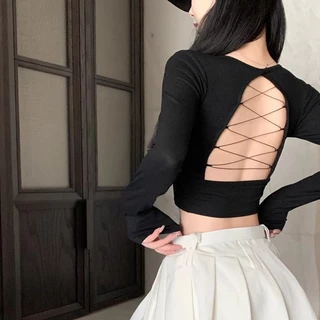 Áo Croptop Nữ Cổ Tròn Hàn Quốc Màu Trơn Mỏng Gợi Cảm Lưng Rỗng Ra Lộn Rốn Áo Thun Tay Dài Top