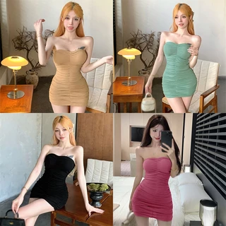 Đầm ôm Mùa Hè Hàn Quốc Mỏng Gợi Cảm Màu Trơn Xếp Ly Bodycon Ống Top Đầm Có Miếng Lót Ngực