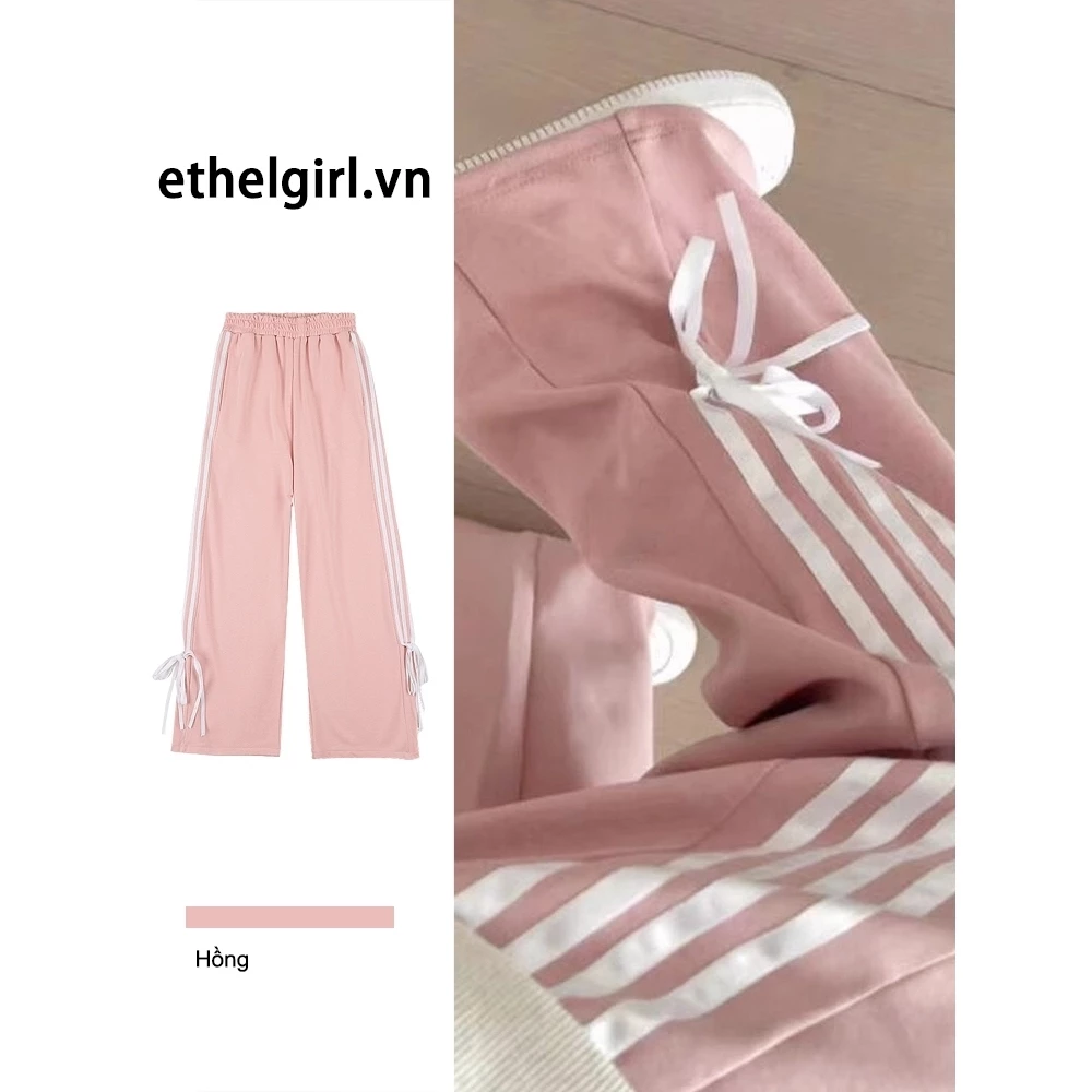 Ethelgirl 4 màu Mỹ retro sọc bên hông dáng rộng nơ ống rộng quần nữ Quần áo cạp cao quần thường ngày