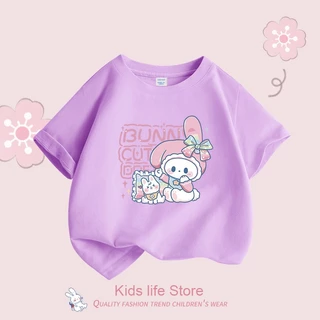 2024 Áo Thun Bé Gái 100% Cotton Dễ Thương Bunny In Hình Áo Thun Nữ Tay Ngắn Thời Trang