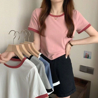 NUZIRO Áo Sơ Mi Đáy Mùa Hè Phiên Bản Hàn Quốc Slim Fit Phong Cách Ngắn Tương Phản Cổ Tròn Áo Thun Nữ