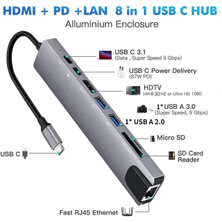 Bộ Chuyển Đổi Hub USB C Hub 8 Trong 1 Type C 3.1 Sang 4K HDTV Có Đầu Đọc Thẻ SD / TF Cho MacBook Notebook Laptop Điện Thoại