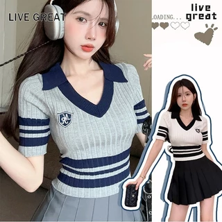 Live GREA Polo cổ áo ngắn tay in màu mùa hè phiên bản Hàn Quốc hàng đầu mỏng vừa vặn cỡ lớn áo sơ mi nữ đáy