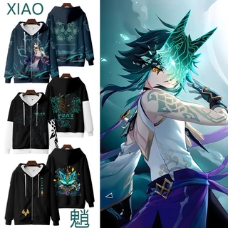 Anime mới Genshin Impact Xiao Dây Kéo Áo Khoác Nam Nhật Bản Thời Trang Nữ Rời ❥ ❈ In Unisex Thường Ngày Có Mũ Trùm Đầu Top Cosplay