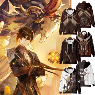 Anime mới Genshin Impact Zhongli Dây Kéo Áo Khoác Nam Nhật Bản Thời Trang Nữ Rời ❥ ❈ In Unisex Thường Ngày Có Mũ Trùm Đầu Top Cosplay