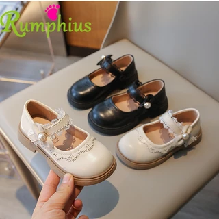 Giày búp bê da RUMPHIUS đế mềm chống trượt đính nơ xinh xắn dành cho bé gái size 26-36