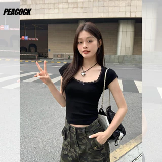 Pure Desire Đen Nơ Ren Cổ Chữ U Ngắn Tay Áo Thun Nữ Mùa Hè Phong Cách Mới Ngắn Slim-Fit Hot Girl Top