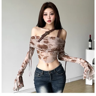 Cutenew Rose Tie Dye Áo thun dài tay nữ lệch vai không đều Slim Fit Crop Top 2024 Mùa hè