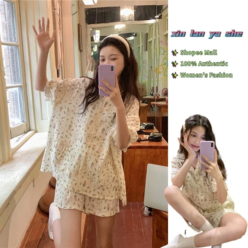 Xin LAN YA SHE Áo len Cardigan mới dành cho nữ Bộ đồ ngủ thỏ ngọt ngào Quần Short tay ngắn