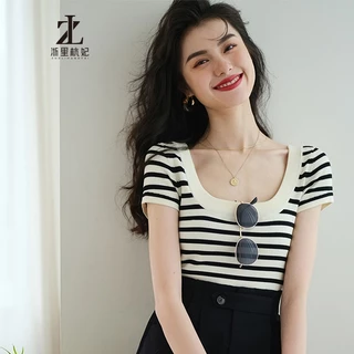 ZHELIHANGFEI Pháp Sọc Cổ Vuông Ice Silk Đan Áo Thun Ngắn Tay Nữ Slim-Fit Nửa Tay Lớn