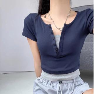 Mỹ Retro Thanh Niên Giả Hai Mảnh Khâu Màu Sắc Tương Phản Ngực Ngắn Top Slim-fit Ôm Hơn Phong Cách Thể Thao Bé Gái Áo Thun Nửa Tay Phong Cách BM Ngắn Top Hot Girl Nút Nửa Mở Cổ Áo Cao Cấp Ngắn Crop Top @