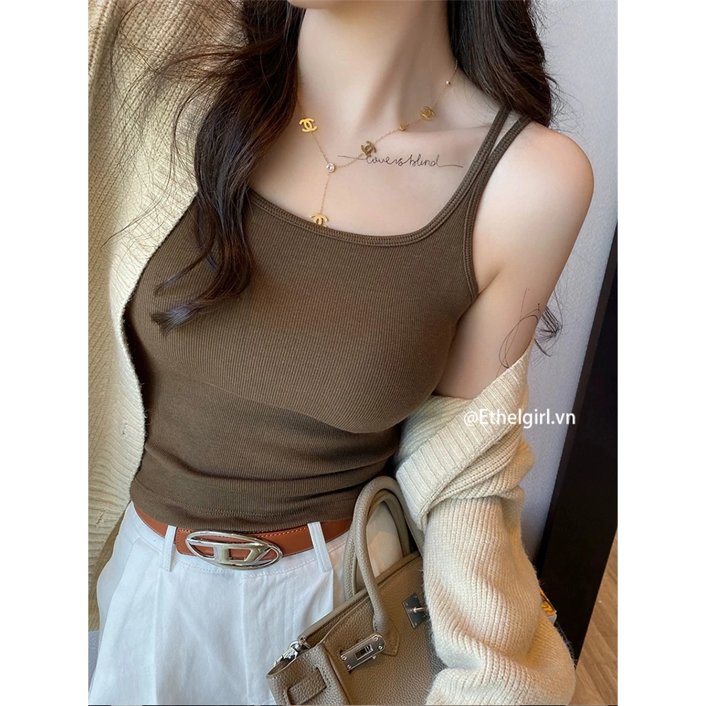 Ethelgirl 4 màu thời trang Hàn Quốc mỏng vừa vặn cổ vuông Sling top quần áo nữ thông thường