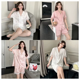 Cổ Chữ V Ice Silk Pyjama Nữ Tay Ngắn Đồ Ngủ Cho Người Phụ Nữ Ren Mùa Hè Satin Bộ Đồ Ngủ Màu Hồng Chất Lượng Cao Pyjama