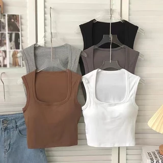 Áo Tank Nữ Có Miếng Lót Ngực Màu Trơn Cổ Vuông Ôm Gợi Cảm Thể Thao Thường Ngày Không Tay Croptop