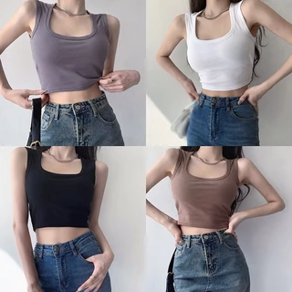 Áo Tank Nữ Có Miếng Lót Ngực Cổ Vuông Màu Trơn Mỏng Thể Thao Không Tay Croptop