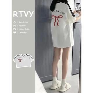 「RTVY」Áo thun in nơ oversize cổ tròn unisex dáng rộng