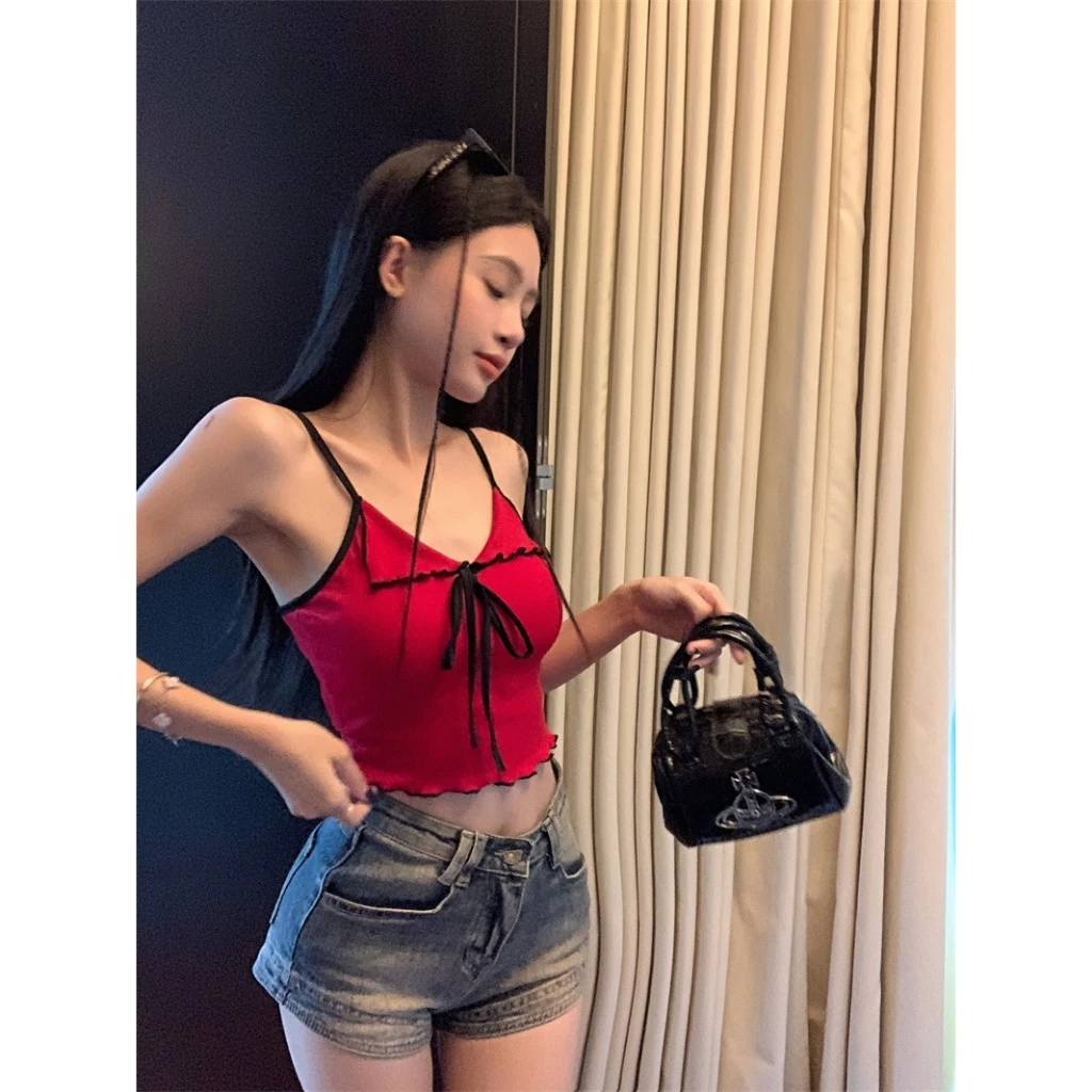 kumikumi Cô Gái Cay Gợi Cảm Nhiều Màu Sắc Dây Buộc Cổ Chữ V Dây Đeo Đỏ Tank Top