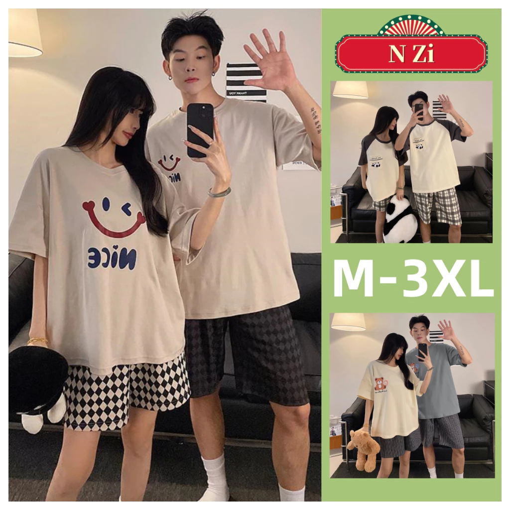 Cặp Đôi Bộ Đồ Ngủ Cotton Nam Nữ Bộ Đồ Ngủ Mùa Hè Plus Kích Thước Tay Ngắn Đồ Ngủ Người Phụ Nữ Người Đàn Ông Phiên Bản Hàn Quốc Hoạt Hình Loungewear M-3XL