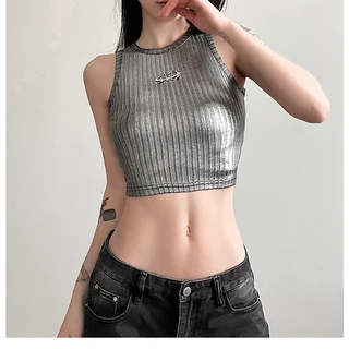 Cutenew Y2K Metalic Không Tay Tank Top Nữ Mùa Hè 2024 Dạo Phố Skinny Crop Top Áo Vest Cơ Bản