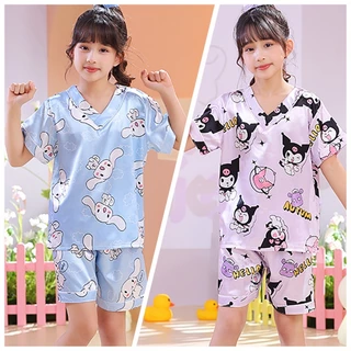 Bộ đồ ngủ bằng lụa băng cho bé gái Baju Budak perempuan Bộ đồ ngủ ngắn tay thông thường In hoạt hình Cổ chữ V Đồ ngủ lụa Satin cho bé gái lớn Baju Tidur Budak ❥