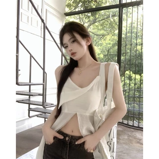 【Black strawberry】Cô Gái Cay Gợi Cảm Cổ Chữ V Nhăn Ruy Băng Không Đều Tank Top