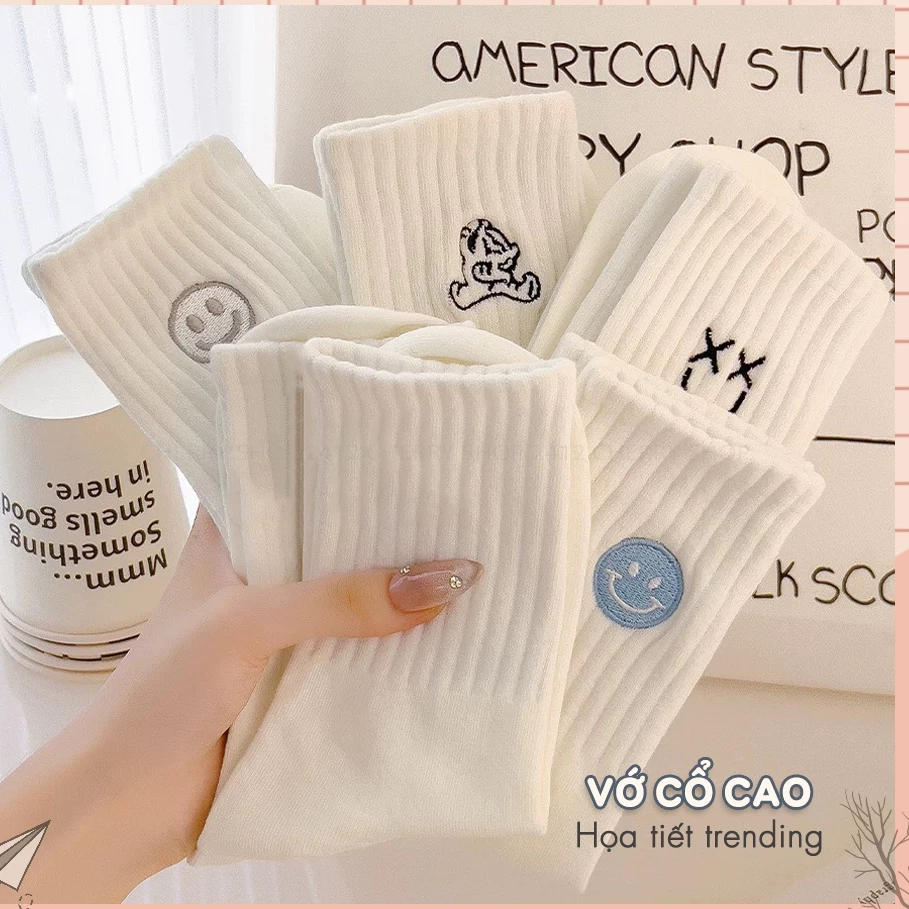 Miua🔮Tất cổ cao nữ chất liệu cotton, họa tiết hình thêu dễ thương