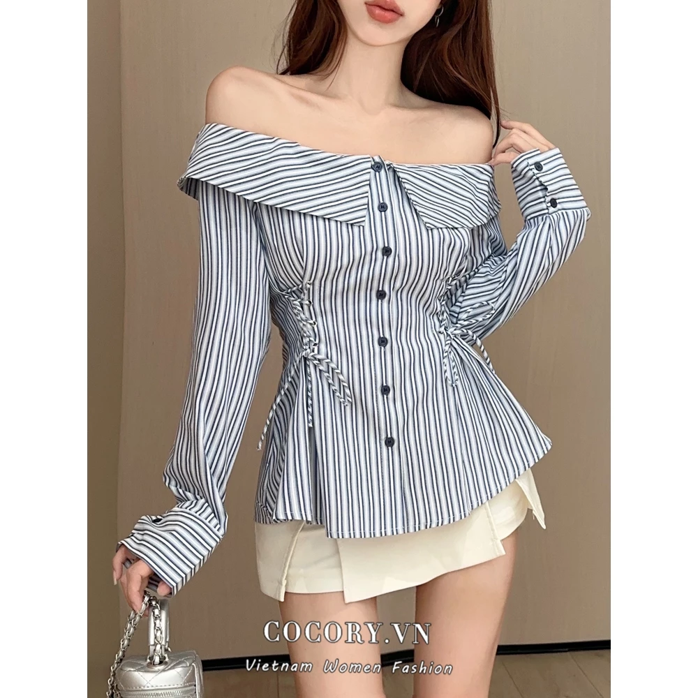 Cocorygirl Cô Gái Cay Gợi Cảm Ren Slim Fit Dài Tay Sọc Áo Sơ Mi Nữ Quần Áo Thường Ngày