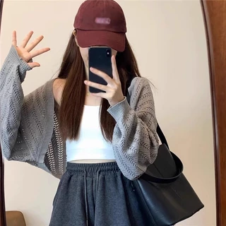 Áo Cardigan Nữ Màu Trơn Rỗng Rời Thường Ngày Và Đa Năng Crop Dài Tay Dệt Kim Chống Nắng Cardigan Top