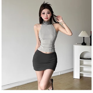 Cutenew Đa Năng Kim Sa Lấp Lánh Dây Xe Tăng Cho Nữ Cơ Bản Retro Xám Mỏng Phù Hợp Với Áo Crop Top 2024 Mùa Hè Phong Cách Đường Phố