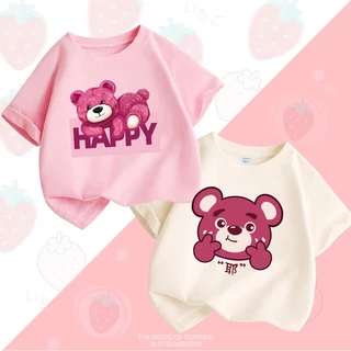 Áo thun bé gái 2024 Áo thun ngắn tay trẻ em in hình gấu dễ thương màu hồng