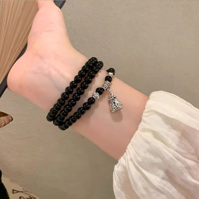 💞Cherry💞 Vòng Tay Nhiều Lớp Xỏ Hạt Màu Đen May Mắn Phong Cách Trung Hoa Cổ Điển Dễ Phối Đồ Thời Trang Cho Bạn Bè
