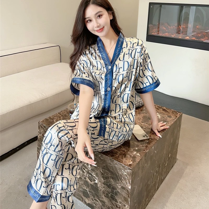 Nữ Mùa Hè Phong Cách Mới In Hình Thời Trang Thoáng Mát Ice Silk Quần Ngắn Tay Bộ Đồ Ngủ