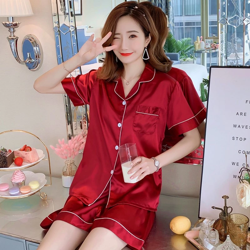 Quần Short ngắn tay màu trơn mùa hè dành cho nữ Bộ đồ ngủ bằng lụa băng Ve áo