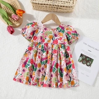 Váy ngắn tay hoa đầy màu sắc mới mùa hè cho bé gái / Quần áo trẻ em phong cách nông thôn (9 tháng -3 tuổi)