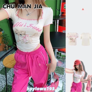 Chu MAN JIA Nữ Mèo In Hình Cổ Vuông Mùa Hè Ngọt Ngào Và Thoáng Mát Hot Girl Áo Thun Pure Desire Casual Top