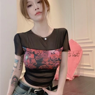 [Hot Girl Độc quyền]❤Mùa Hè Retro Lãng Mạn Hoa Hồng In Ngắn Co Giãn Skinny Gạc Áo Thun Nữ Mỏng Phong Cách Nóng Cô Gái Tay Ngắn