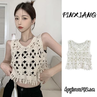 Pinxiang Nữ Mới Rỗng Tua Rua Camisole Retro Sang Trọng Crop Top