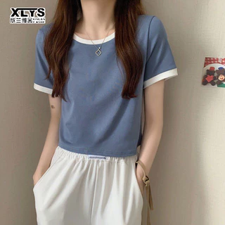 Xin LAN YA SHE Nữ Mới Màu Sắc Tương Phản Cổ Tròn Tay Ngắn Phong Cách Hàn Quốc Ôm Crop Top