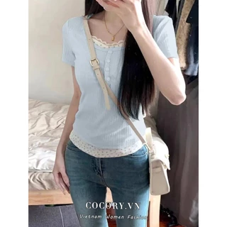 Cocorygirl Gợi Cảm Thời Trang Mùa Hè Mảnh Ren Mỏng Tay Ngắn Áo Thun Nữ Quần Áo Cơ Bản Top