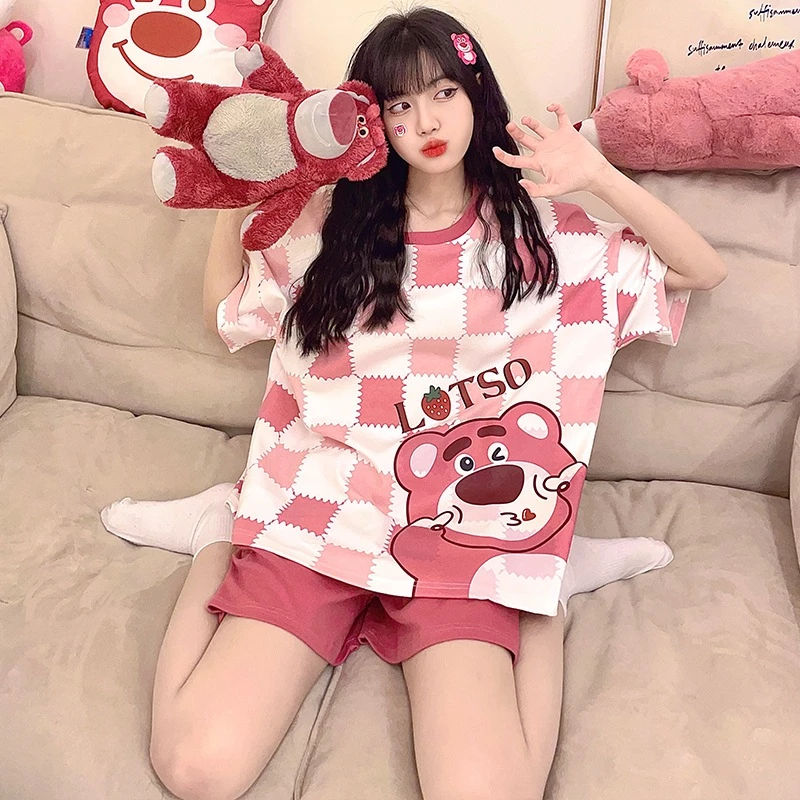 Bộ đồ ngủ ngắn tay cotton co giãn mùa hè dành cho nữ, đồ mặc nhà ngọt ngào và dễ thương