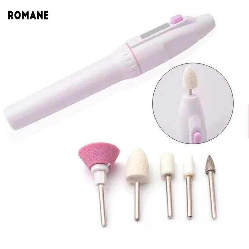 Romane Nail Art Model Pin Máy Xay Điện Mini Làm Móng Tay Bút Thử Máy Xay Móng Tay Đi Kèm 5 Đầu Đánh Bóng Móng Tay