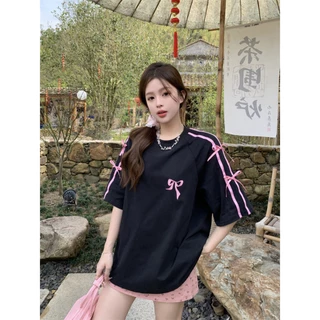 Áo thun ngắn tay thêu nơ đen Hàn Quốc dành cho nữ mùa hè mới ngọt ngào và mát mẻ dáng rộng dài vừa phải