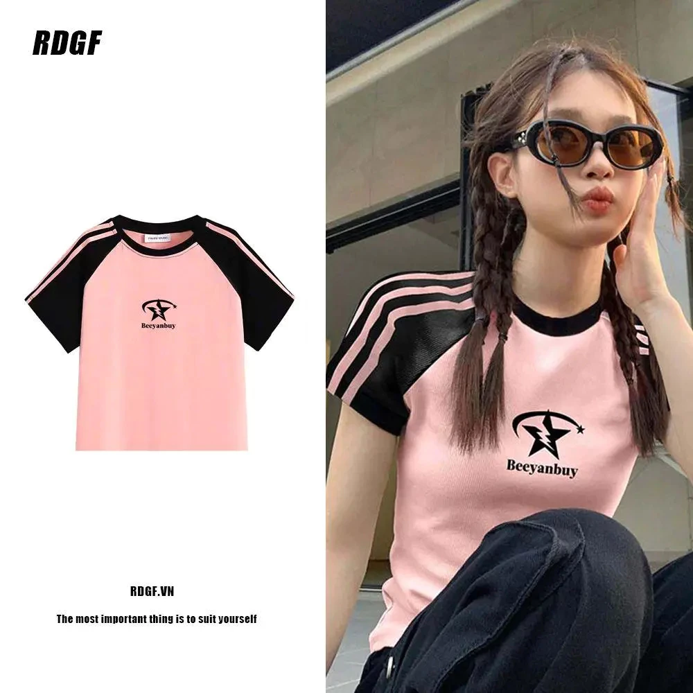 RDGF Mỹ Raglan Tay Áo Thun Nữ Mùa Hè Sọc Co Giãn Slim Fit Cay Bé Gái Vai Tay Ngắn Tương Phản Ngắn Top