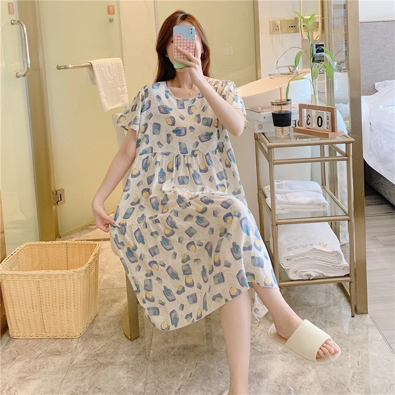 VÁY LANH SĂN ,Phụ Nữ Mùa Hè Mỏng Tay Ngắn In Hình Bộ Đồ Ngủ Bà Bầu Có Thể Mặc Bên Ngoài Dài Kích Thước Lớn Loungewear